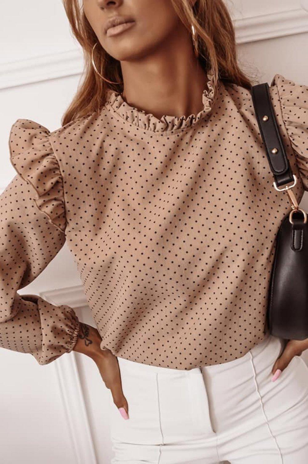 Ruffled Round Neck Pullover Polka Dot Shirt Top - BUNNY BAZAR