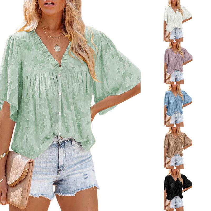 V-neck Cardigan Five-point Mid-sleeve Chiffon Shirt Print Top - BUNNY BAZAR