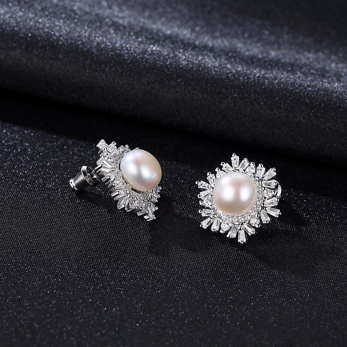 Sterling Silver Snowflake Stud Earrings Korean Gemstone Pearl Earrings Fashion Silver - BUNNY BAZAR