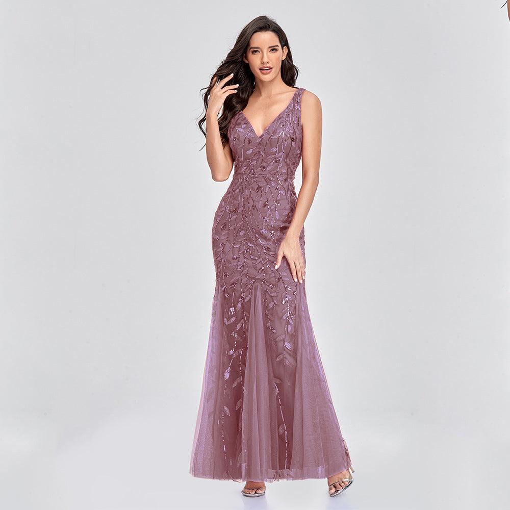 Sexy Long Dress Sleeveless V-neck Embroidered Sequin Slim Mermaid Dress - BUNNY BAZAR