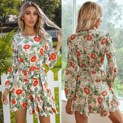 Printed Round Neck Long Sleeve Dress With Lace - BUNNY BAZAR