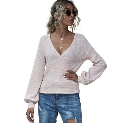 V-Neck Long-Sleeved T-Shirt Women Loose Non-Thick Middle Women Top T-Shirt - BUNNY BAZAR