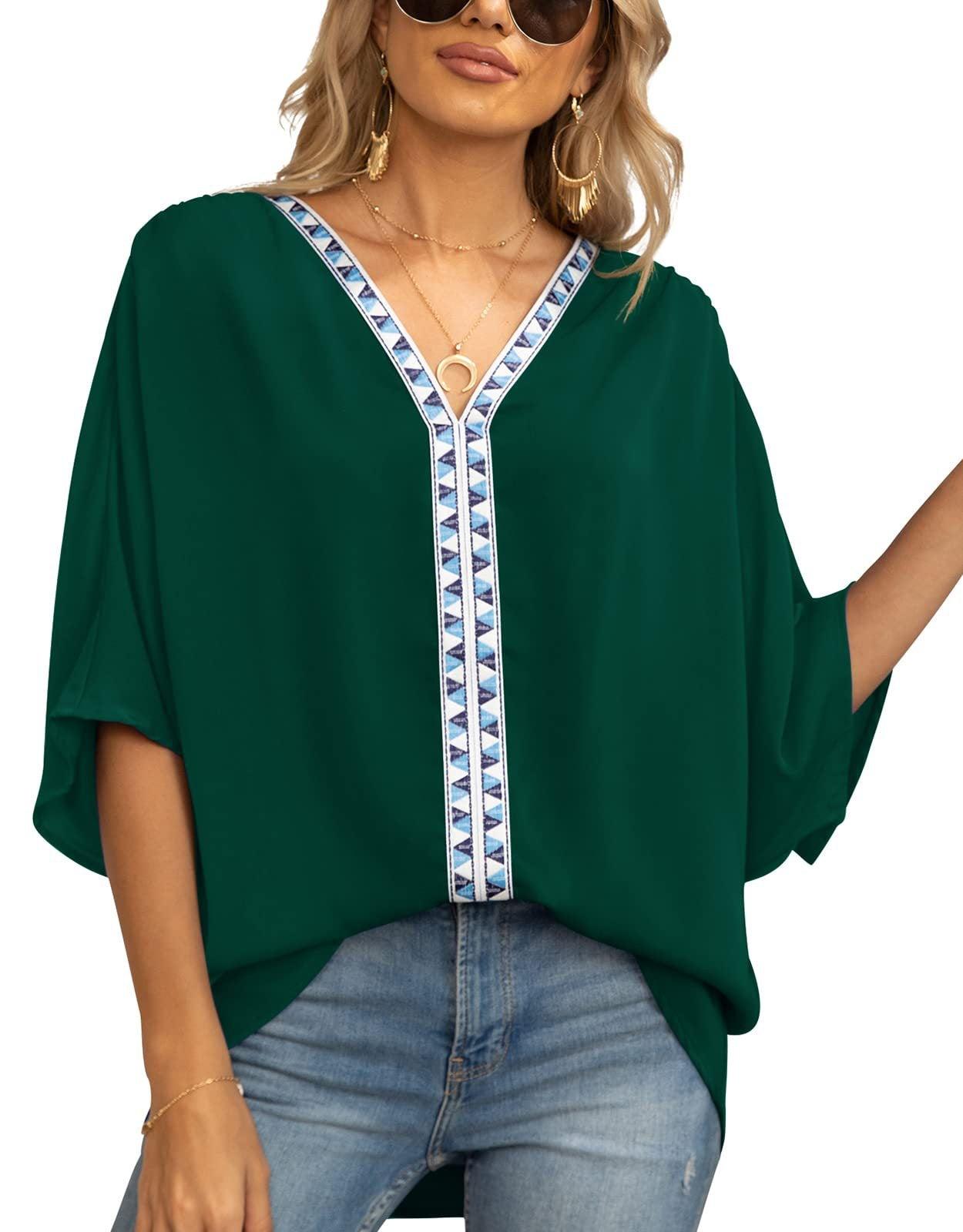 Summer Women's Bat Sleeve Chiffon V-neck Shirt - BUNNY BAZAR