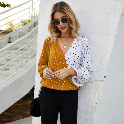 Women's Patchwork Polka Dot Long Sleeve Top Casual Shirt - BUNNY BAZAR