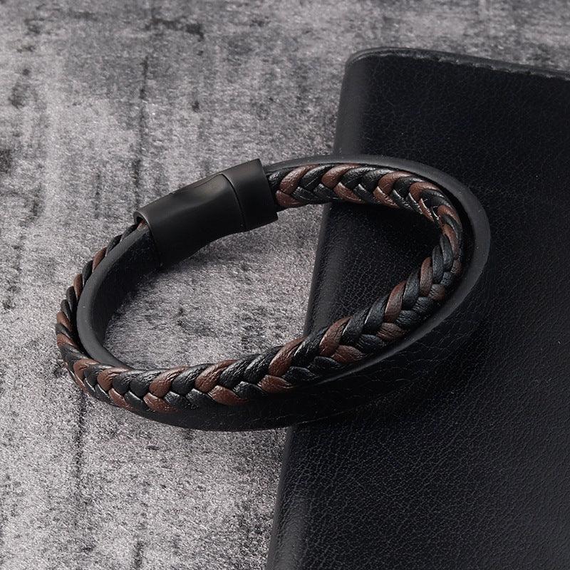 Leather Cord Stainless Steel Braided Bracelet Black Men - BUNNY BAZAR