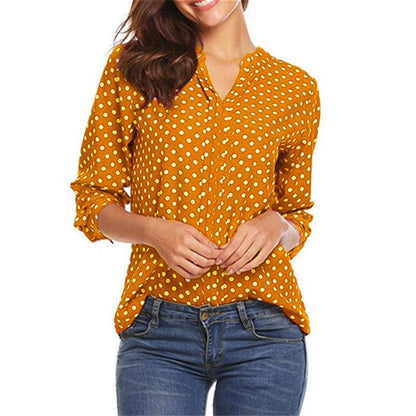 Women's Polka Dot Printed V-neck Long Sleeve Loose Shirt - BUNNY BAZAR