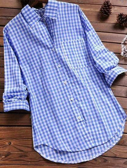 New Style Plaid Lapel Long-sleeved Retro Shirt Button - BUNNY BAZAR