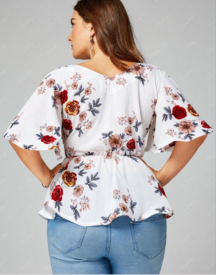 Oversized Printed Lace-up Flared Sleeve Pearl Chiffon Shirt - BUNNY BAZAR