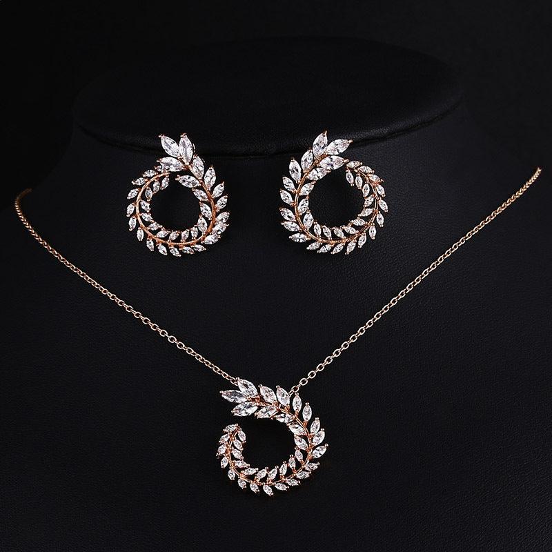 Classic Style High-end Necklace Earrings Set Olive Branch Bridal Jewelry - BUNNY BAZAR