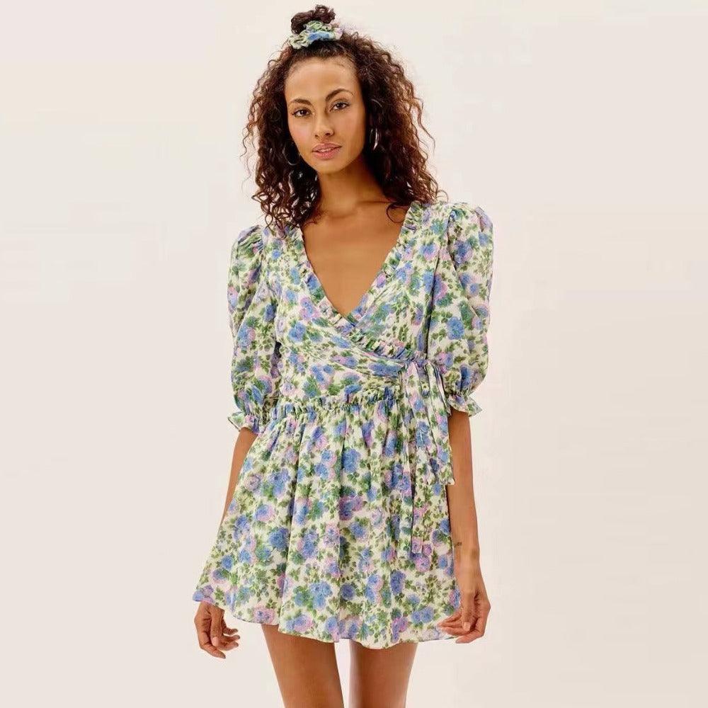 Women Summer Green Floral Chiffon Dresses Holiday Puff Short Sleeve V-Neck Back Lace Up Design Wrap One Piece Dress - BUNNY BAZAR