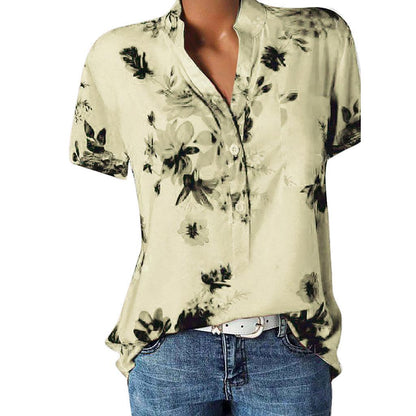 Fashion printed V-neck short sleeve shirt - BUNNY BAZAR