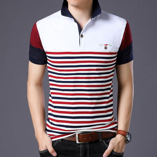 Plus Size Men's Summer New Short-sleeved T-shirt Trendy Korean Striped Lapel T-shirt - BUNNY BAZAR