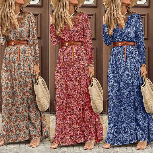 Long Sleeve V-neck Bohemian Floral Dress - BUNNY BAZAR