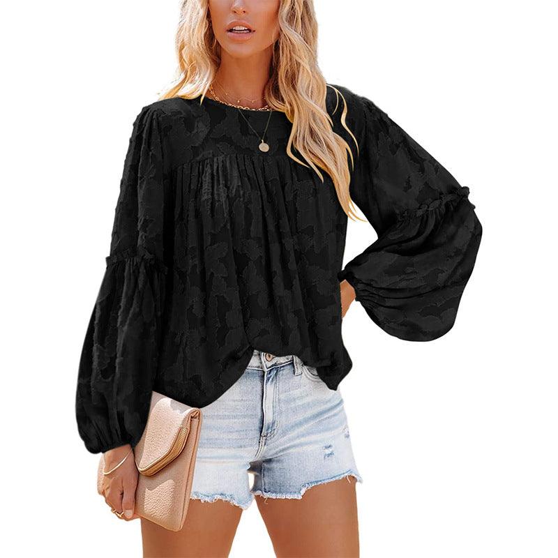 Chiffon Jacquard Floral Texture Lantern Sleeve Shirt - BUNNY BAZAR