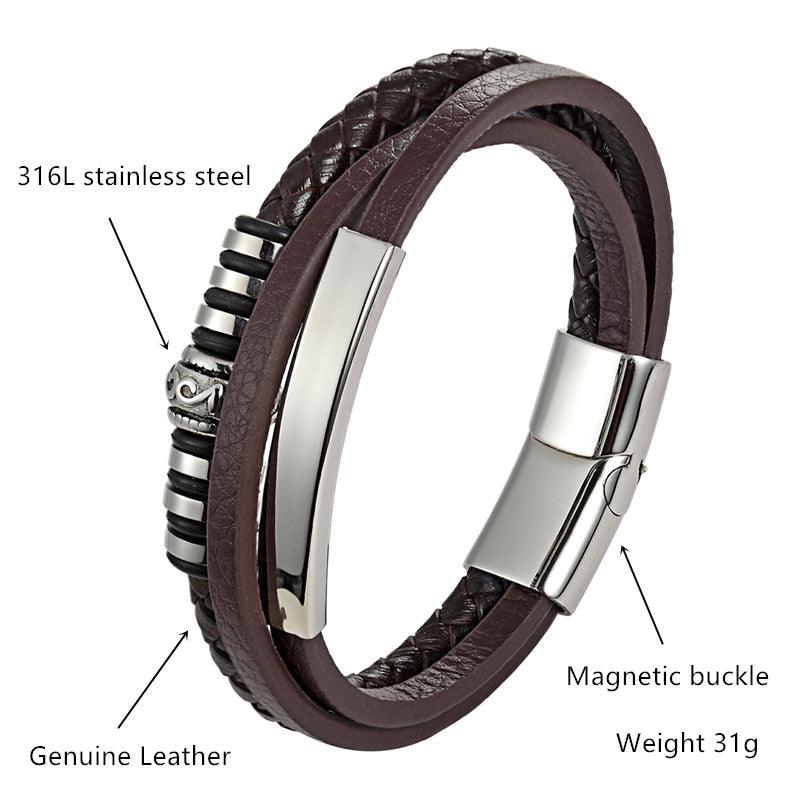 Stainless Steel Leather Bracelet Men Hand Woven - BUNNY BAZAR