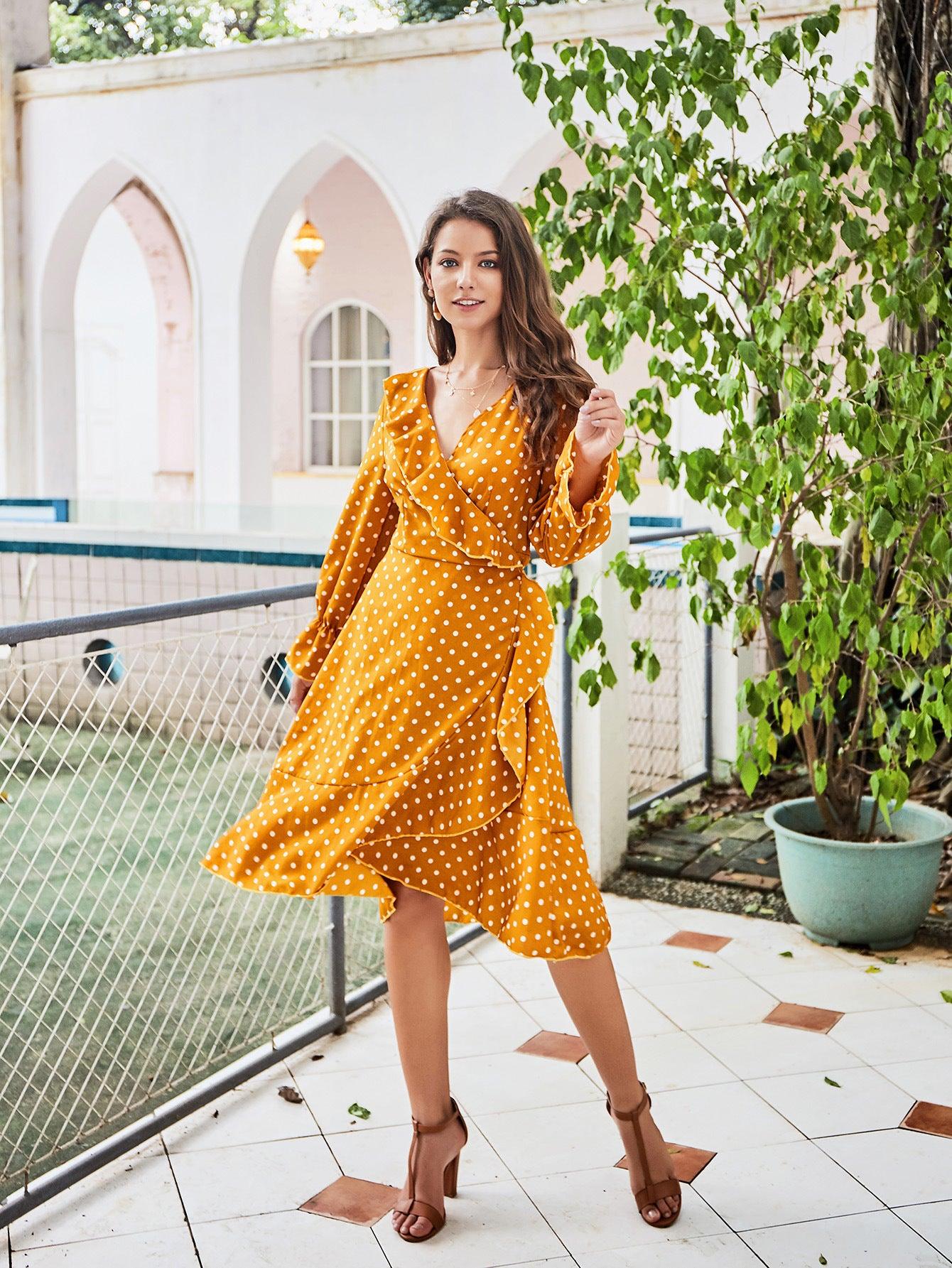 Yellow Polka Dot Long Sleeve Lace Dress - BUNNY BAZAR