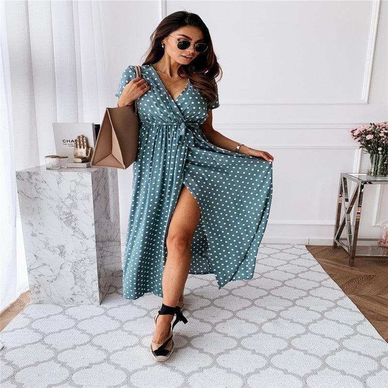 V-neck Bohemian Polka Dot Print Dress Long Skirt - BUNNY BAZAR