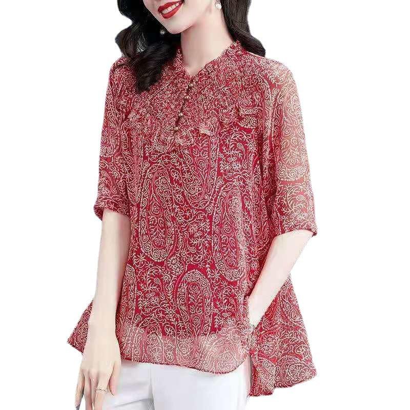 Western Style Floral Chiffon Shirt Fungus Collar Loose Casual Top - BUNNY BAZAR