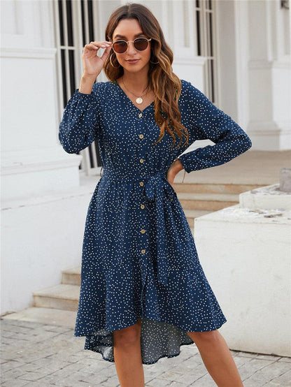 Polka Dot V-neck Long-sleeved Ruffled One-breasted Casual Dress - BUNNY BAZAR