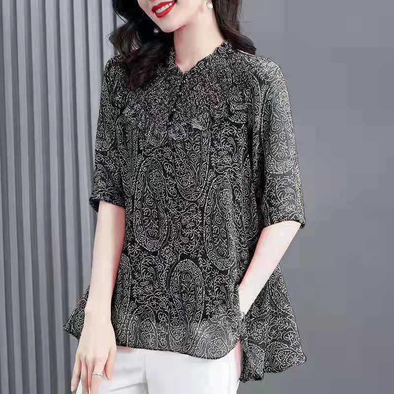 Western Style Floral Chiffon Shirt Fungus Collar Loose Casual Top - BUNNY BAZAR