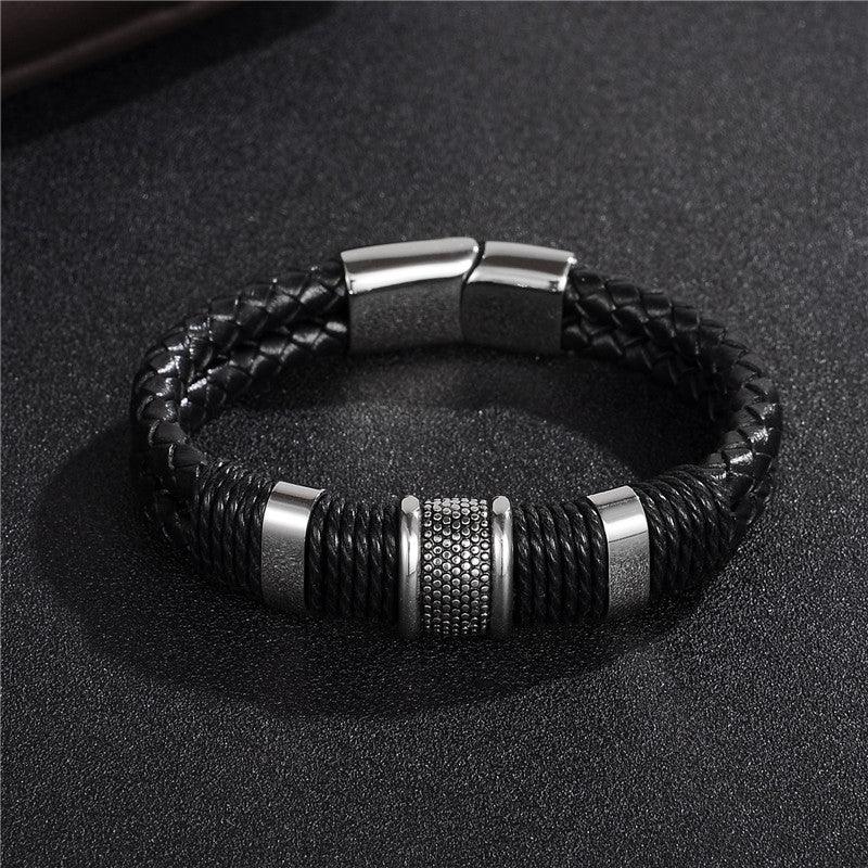 2021 Fashion Black Braid Woven Leather Bracelet Titanium Stainless Steel Bracelet - BUNNY BAZAR