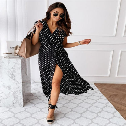 V-neck Bohemian Polka Dot Print Dress Long Skirt - BUNNY BAZAR