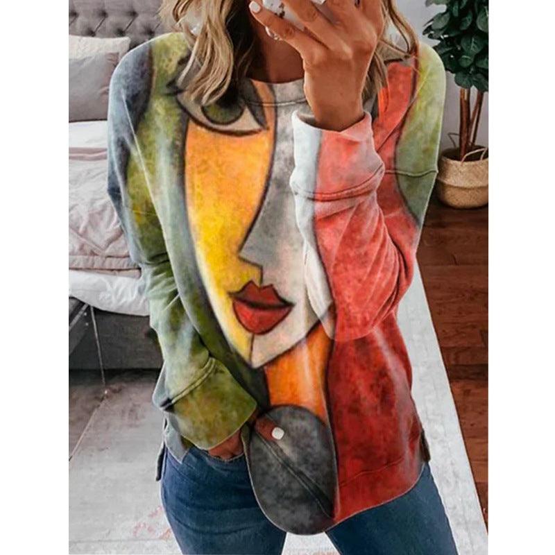 Printed Long-Sleeved Round Neck Casual T-shirt Women - BUNNY BAZAR