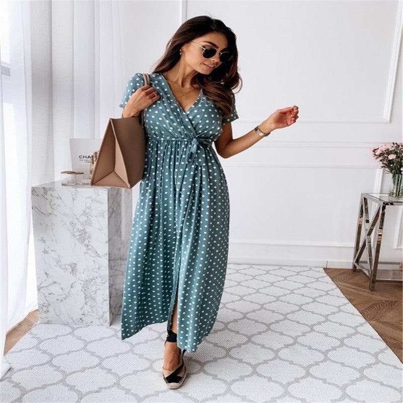 V-neck Bohemian Polka Dot Print Dress Long Skirt - BUNNY BAZAR