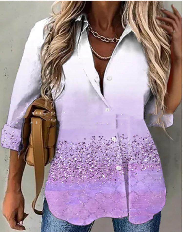 Women's Casual Printed Lapel Long Sleeve Shirt - BUNNY BAZAR