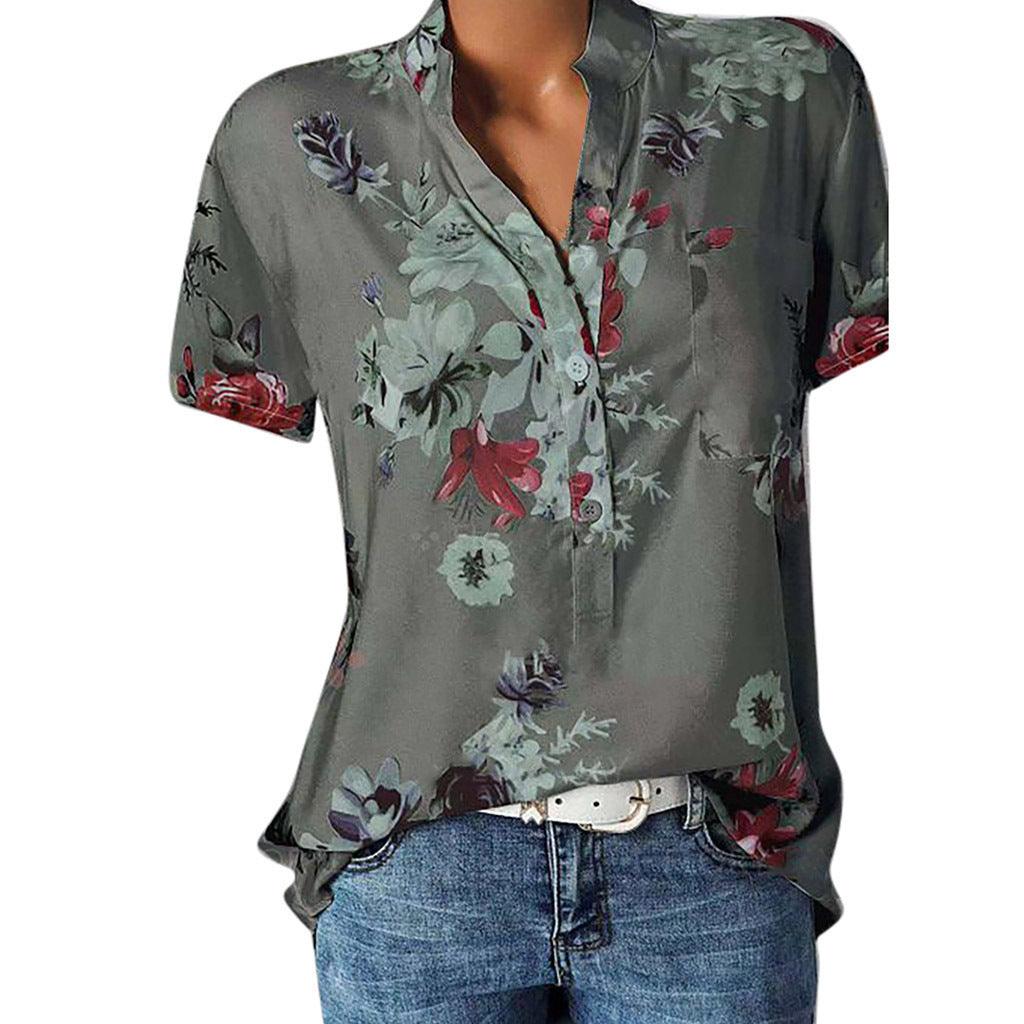 Fashion printed V-neck short sleeve shirt - BUNNY BAZAR