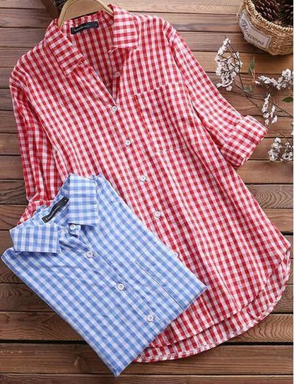 New Style Plaid Lapel Long-sleeved Retro Shirt Button - BUNNY BAZAR