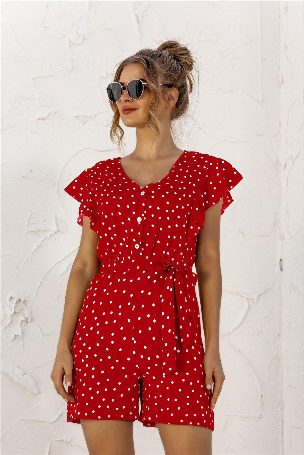 Ruffled V-neck Polka Dot Jumpsuit - BUNNY BAZAR