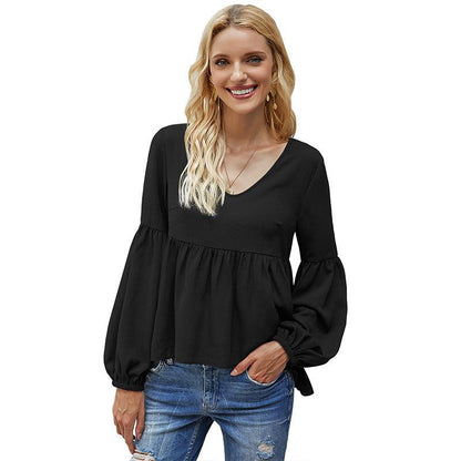 Women's top stitching puff sleeve chiffon shirt women - BUNNY BAZAR