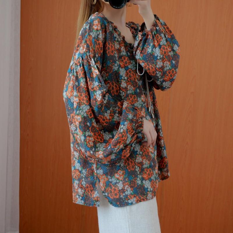 Printed Long Sleeve One-Line Neck Plus Size Bottoming Shirt Top - BUNNY BAZAR