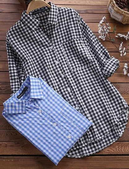 New Style Plaid Lapel Long-sleeved Retro Shirt Button - BUNNY BAZAR