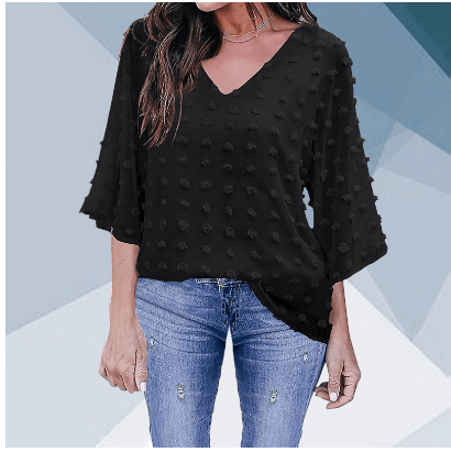 V-neck Three-quarter Sleeves Dotted Chiffon Shirt Blouse Women - BUNNY BAZAR