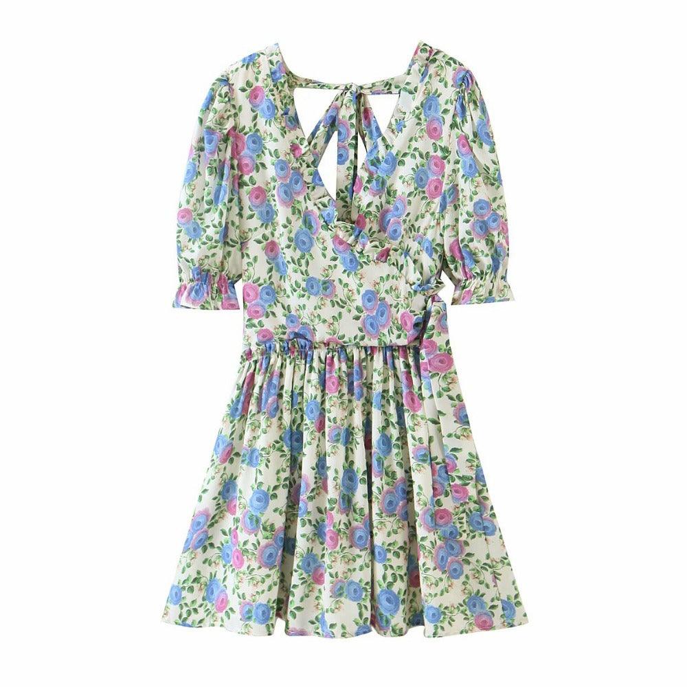 Women Summer Green Floral Chiffon Dresses Holiday Puff Short Sleeve V-Neck Back Lace Up Design Wrap One Piece Dress - BUNNY BAZAR