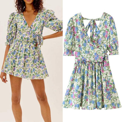 Women Summer Green Floral Chiffon Dresses Holiday Puff Short Sleeve V-Neck Back Lace Up Design Wrap One Piece Dress - BUNNY BAZAR