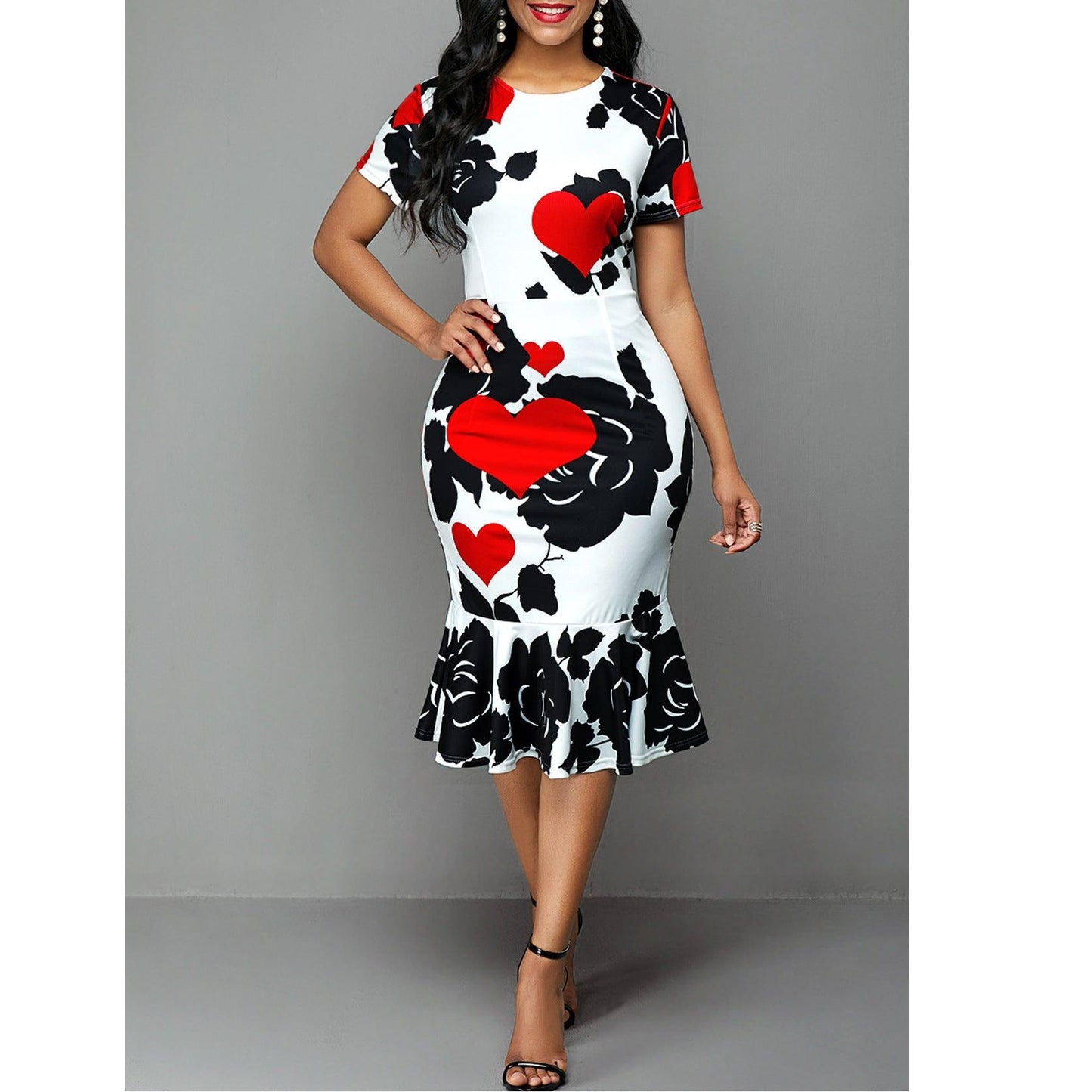 European And American Round Neck Short Sleeve Printed Slim Ruffle Dress - BUNNY BAZAR