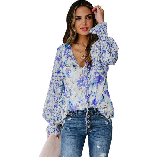 Loose Floral Women's Fashion Lantern Sleeve Top Women - BUNNY BAZAR