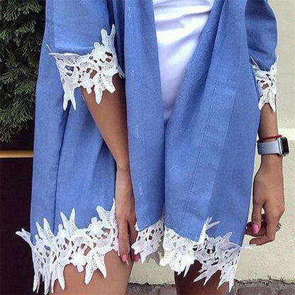 Fashion Collar Lace Denim Shirt - BUNNY BAZAR