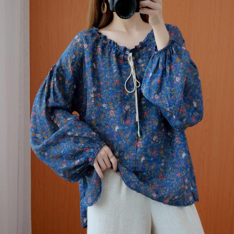 Printed Long Sleeve One-Line Neck Plus Size Bottoming Shirt Top - BUNNY BAZAR