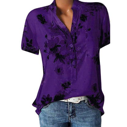 Fashion printed V-neck short sleeve shirt - BUNNY BAZAR