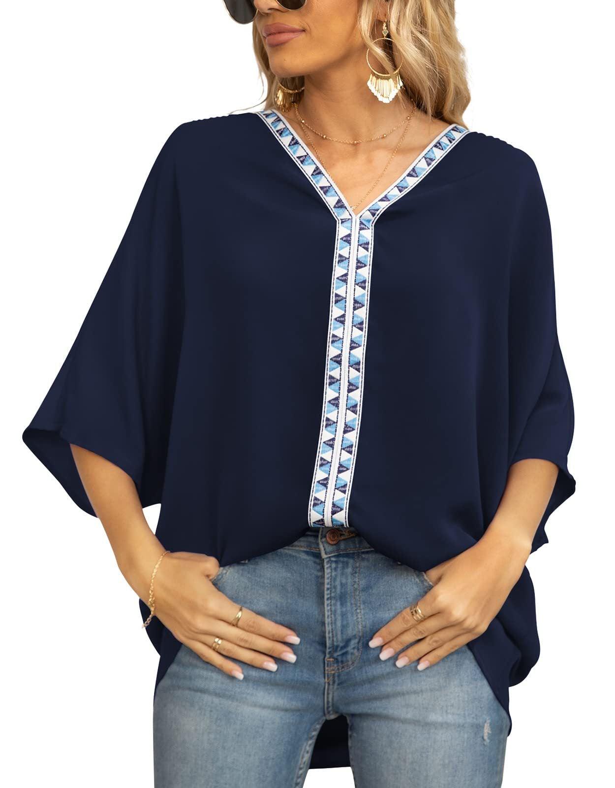 Summer Women's Bat Sleeve Chiffon V-neck Shirt - BUNNY BAZAR