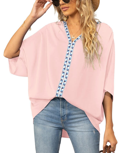 Summer Women's Bat Sleeve Chiffon V-neck Shirt - BUNNY BAZAR