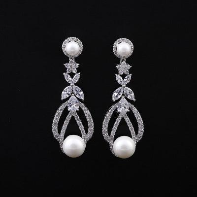Zircon pierced pearl earrings earrings female 925 silver white gold zircon earrings pearl earrings - BUNNY BAZAR