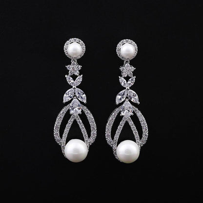 Zircon pierced pearl earrings earrings female 925 silver white gold zircon earrings pearl earrings - BUNNY BAZAR