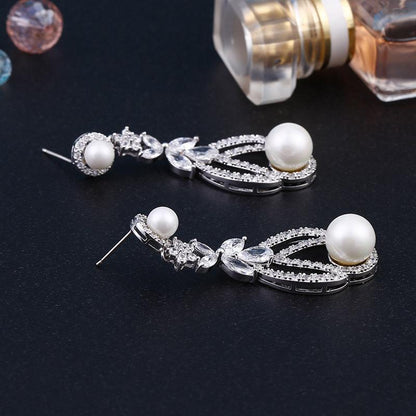 Zircon pierced pearl earrings earrings female 925 silver white gold zircon earrings pearl earrings - BUNNY BAZAR