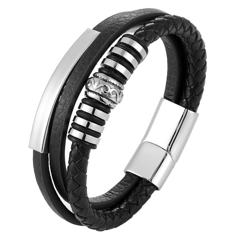 Stainless Steel Leather Bracelet Men Hand Woven - BUNNY BAZAR