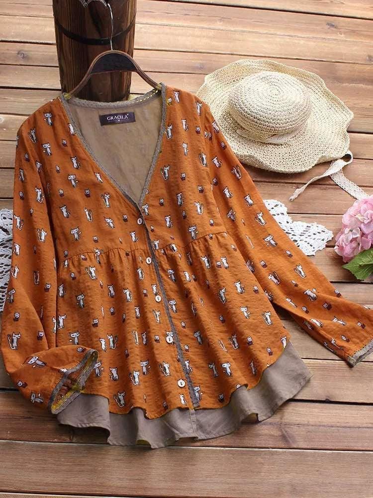 2021 spring new explosion cotton and linen printed fake two-piece shirt S-5XL - BUNNY BAZAR